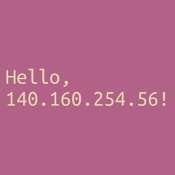 White text on
a pinkish/purple background which says 'Hello, 140.160.254.56!'.