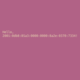 White
text on a pinkish/purple background which says 'Hello,' on one line and
'2001:0db8:85a3:0000:0000:8a2e:0370:7334!' on the next. The text all fits
within the image, but is extremely small compared to similar images and not
easily read.