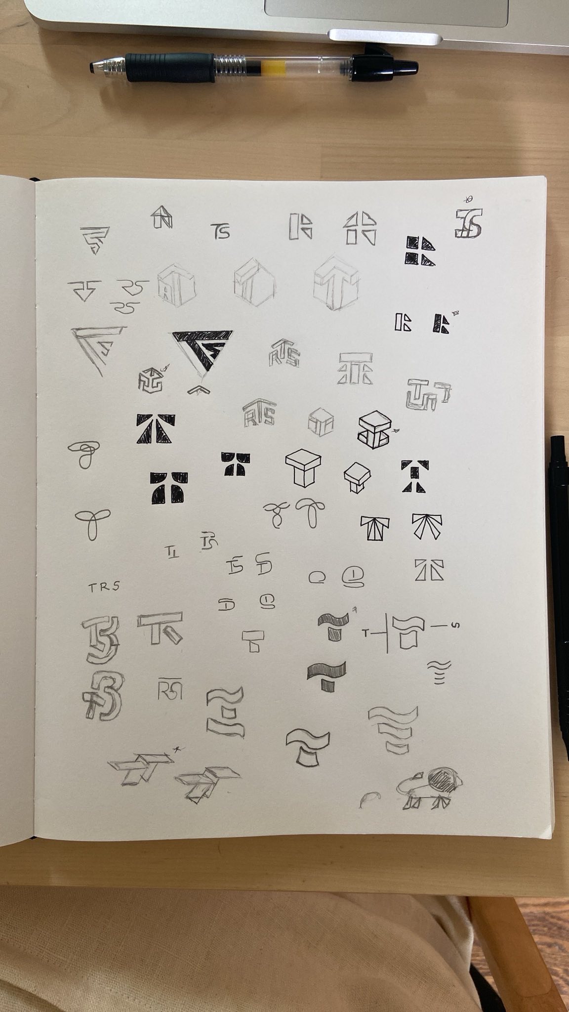 A top-down view of a plain notebook page adorned with dozens of
logo variants made from the initials RTS. A pen and laptop are
visible at the top of the frame.